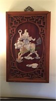 Vintage Chinese carved stone & wood plaque,