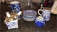 Group of blue and white china including a lidded