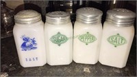 Four vintage range shakers, sugar, pepper, salt,