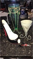 2 Cone Vases, Shoe wine bottle holder & stopper