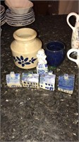 Four stoneware houses, Crock, cup, a Nancy Lopez