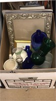 Box lot of glassware, picture frames and China,