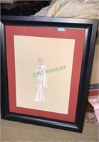 Framed and matted original art drawing of a lady