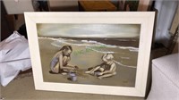 Oil on canvas children playing in the beach sand,