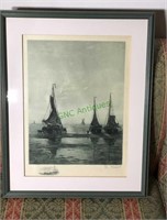 Steel engraving, ships on the beach, signed in