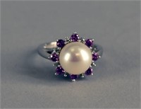 Pearl And Pink Sapphire Ring 14k White Gold
