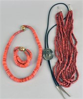 Vintage Coral Disc Necklace And Bracelet