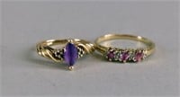 Two 10k Yellow Gold Amethyst And Diamond Ring