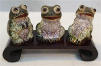 Trio of Cloisonne Frogs on Wooden Stand
