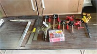 Lot Of Misc (9) Clamps And (4) T Squares