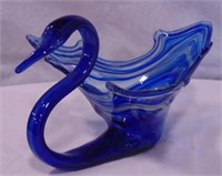 13" x 15.5" Blue Glass Swan Bowl