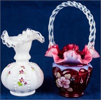 Fenton Hand Painted Glass Basket and Vase