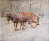 Ottorino I Campagnari Horse Cart Snow Scene Oil