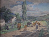 Claire Shuttleworth Boy w/ Cows Watercolor