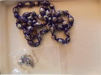 Enameled bead 28" necklace, wire earrings