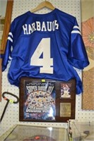 Harbaugh Colts Jersey Signed & Super Bowl Plaque
