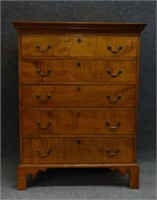 18THC.  NE 36" TIGER MAPLE 5 DRAWER TALL CHEST