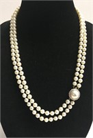 DOUBLE STRAND OF PEARLS W/ DIAM. & PEARL 14K CLASP