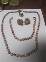 3 Pc. Pink Flowers & Stones Necklace,Bracelet &