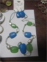 Blue & Green Necklace & Pierced Earring Set