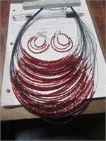 Red Beaded & Wire Necklace & Pierced Earrings