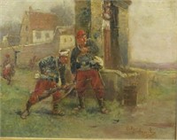 FRANCO-PRUSSIAN PAINTING OF 2 SOLDIERS AT A WELL