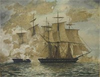 19TH C. OIL PAINTING ON BOARD OF A NAVAL BATTLE