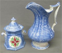 BLUE SPATTERWARE PITCHER AND SUGAR BOWL