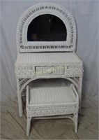 Vintage White Wicker Vanity Table W Bench