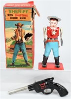 JAPAN TIN SHERIFF WITH SHOOTING CORK GUN w/ BOX
