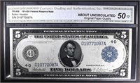 1914 $5 FEDERAL RESERVE NOTE CGA 50-OPQ