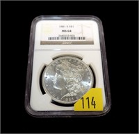 1881-S Morgan dollar, NGC slab certified MS-64