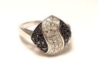 Sterling silver black and white diamond ring