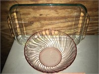 Large Pyrex oblong casserole& pink swirl bowl