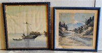 Lot of 2 Japanese Framed Silk Art Pictures