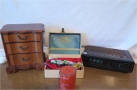 Clock Radio, Jewelry Boxes And Bank