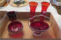 Tray Lot Red Glass Candy Dishes, Vases,