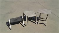STEP STOOL, TWO PLASTIC PATIO TABLES