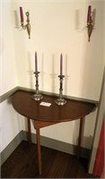 Lot, 24" console table, 11.5" silver plated candle