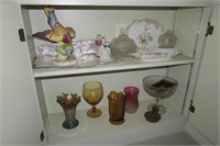 Contents of cabinet, include pattern glass compote