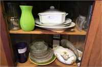 Contents of shelves including pressed glass,
