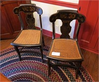 Pair of stenciled cane seat side chairs