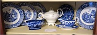 Shelf of blue and white transfer ware,
