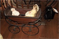 Victorian doll carriage with two vintage jointed