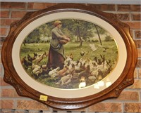 OAK OVAL FRAME GIRL WITH CHICKEN PRINT