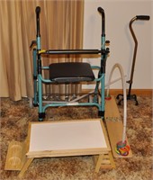 HANDICAP POLE AND SHOWER TABLE, WALKER, CANE, AND