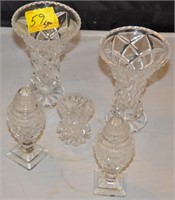 5 PCS; 2 BUD VASES, SALT AND PEPPER AND TOOTH