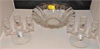 FOSTORIA 11 INCH BOWL AND PAIR OF CANDLE STICKS