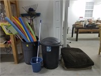 2 Trash cans, mop bucket