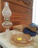 (2) Pc. Depression Glass, (1) Oil Lamp